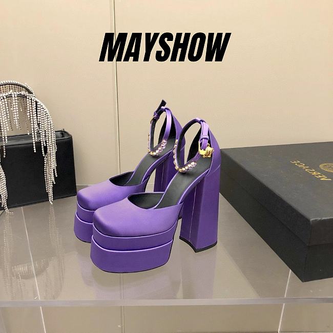 	 Versace Medusa Aevitas 155mm Platform Pumps in Purple - 1