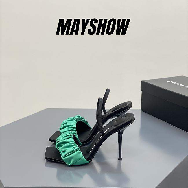 	 Alexander Wang julie 105 scrunchie slingback heel in green satin - 1