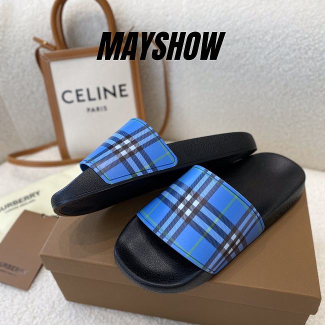 Burberry Embossed Blue Check Slides  - 1