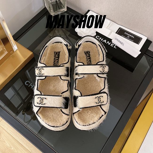 Chanel White Shearling Dad Sandals - 1