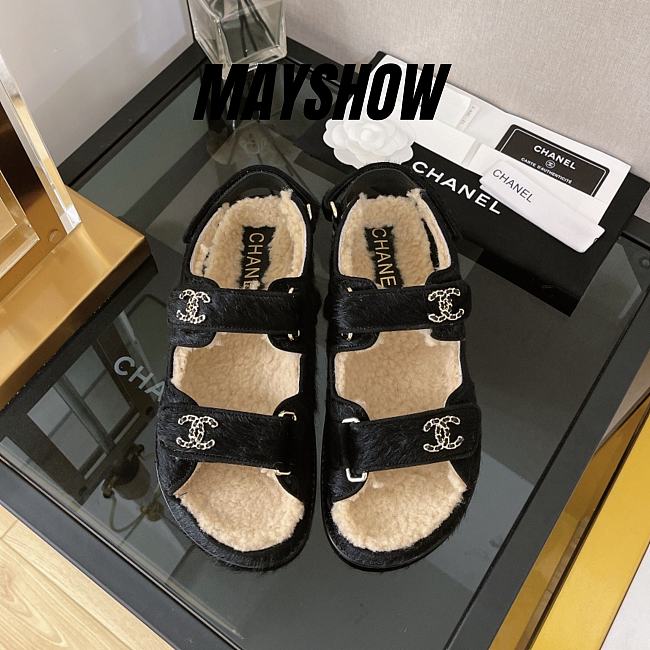 Chanel Black Shearling Dad Sandals - 1