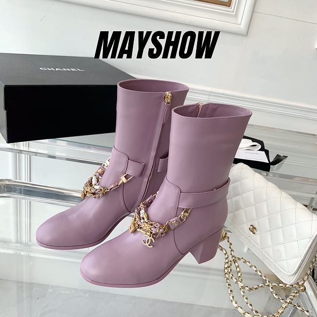 Chanel Pink Calfskin with Chain Ankle Boots - 1