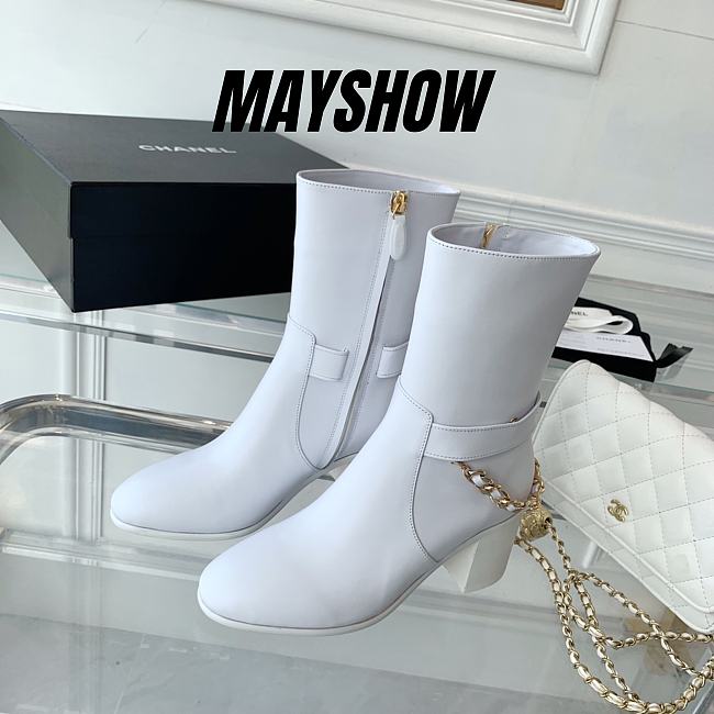 Chanel White Calfskin with Chain Ankle Boots - 1