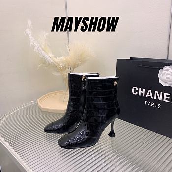 Chanel Black Crocodile Block Ankle Boots