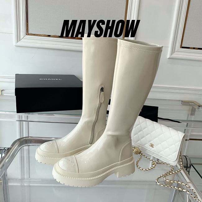 Chanel Cream White Patent Leather High Boots - 1