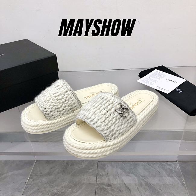 Chanel White Braided Knit CC Mules - 1