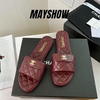 Chanel Burgundy Turnlock Gold Cc Logo Flats Quilted Sandals