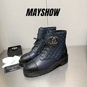 Chanel Navy Lambskin Quilted Lace Up Combat Boots - 1