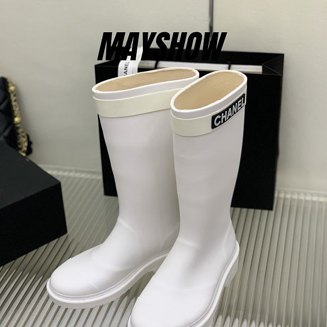 Chanel White Rain Rubber High Boots - 1