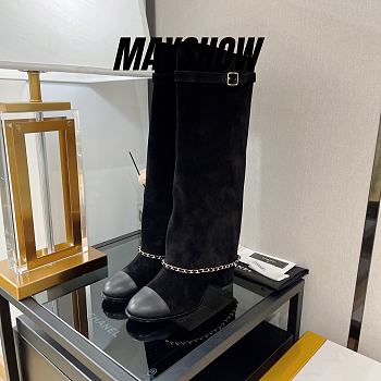 Chanel Black Chain Plain Suede Block High Boots