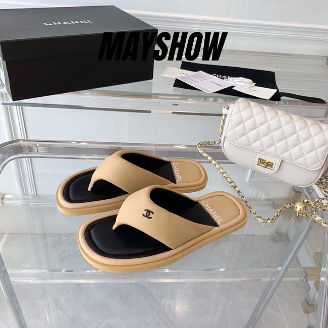 Chanel Beige Lambskin Padded Pool Thong Sandals - 1