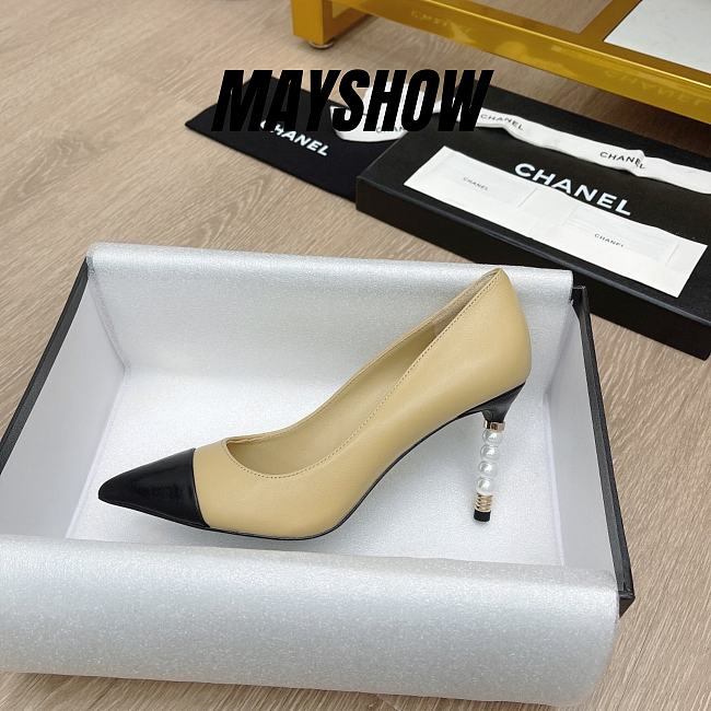 Chanel Beige Lambskin Pearl Embellished Heel Pumps - 1