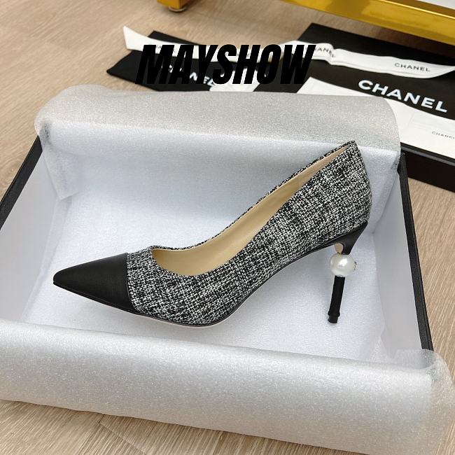 Chanel Grey Canvas Pearl Heel Pumps - 1