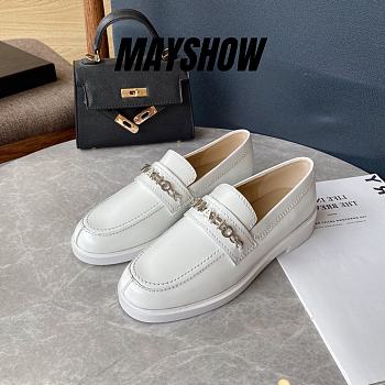 	 Chanel Logo Chain White Leather Loafers