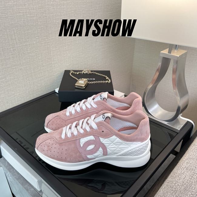 	 Chanel Low Top Runner White Mesh Pink Suede - 1