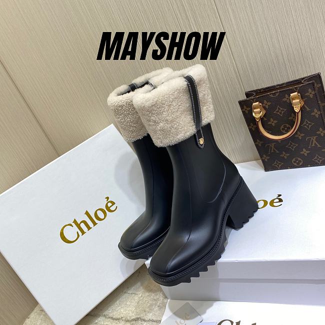 Chloe Black Shearling Betty Rain Boot - CHC21W544M9001 - 1