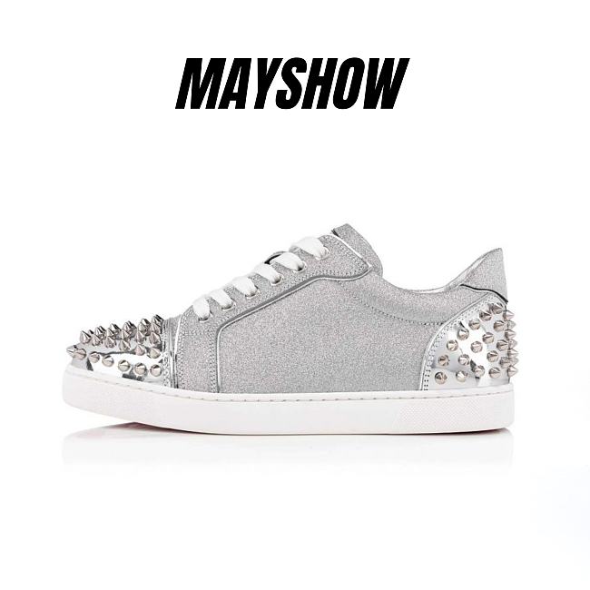 Christian Louboutin Vieira 2 Silver Glittered Leather and Spikes Sneakers - 3220460SV71 - 1