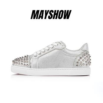 Christian Louboutin Vieira 2 Silver Glittered Cotton and Specchio Leather Sneakers - 1220741SV20