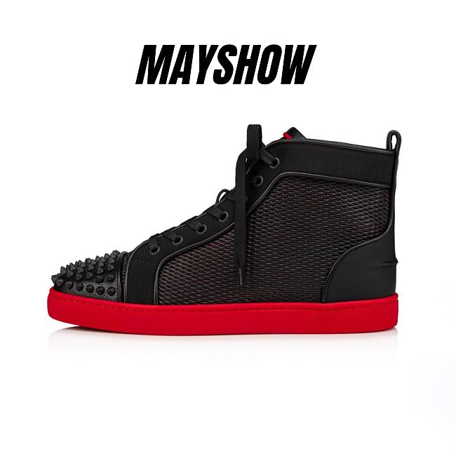 Christian Louboutin Lou Spikes Black Leather Funky Mesh and Spikes High-top Sneakers - 1230168H358 - 1