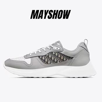 Dior B25 Runner Sneaker Gray and White Smooth Calfskin with Beige and Black Dior Oblique Jacquard - 3SN299ZIR_H165